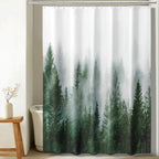 ORTIGIA Dark Green Misty Forest Shower Curtain for Bathroom, Nature Woodland Shower Curtain Set with Hooks, Decorative Pine Tree Fog Magic Bath Curtain for Home, Waterproof Fabric, Weighted, 72x72