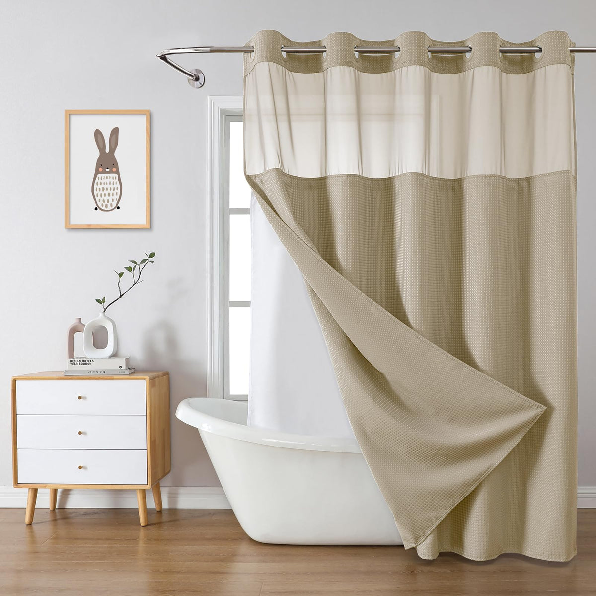 eachope No Hook Waffle Shower Curtain with Snap-in Liner, 71x74 Inch, White