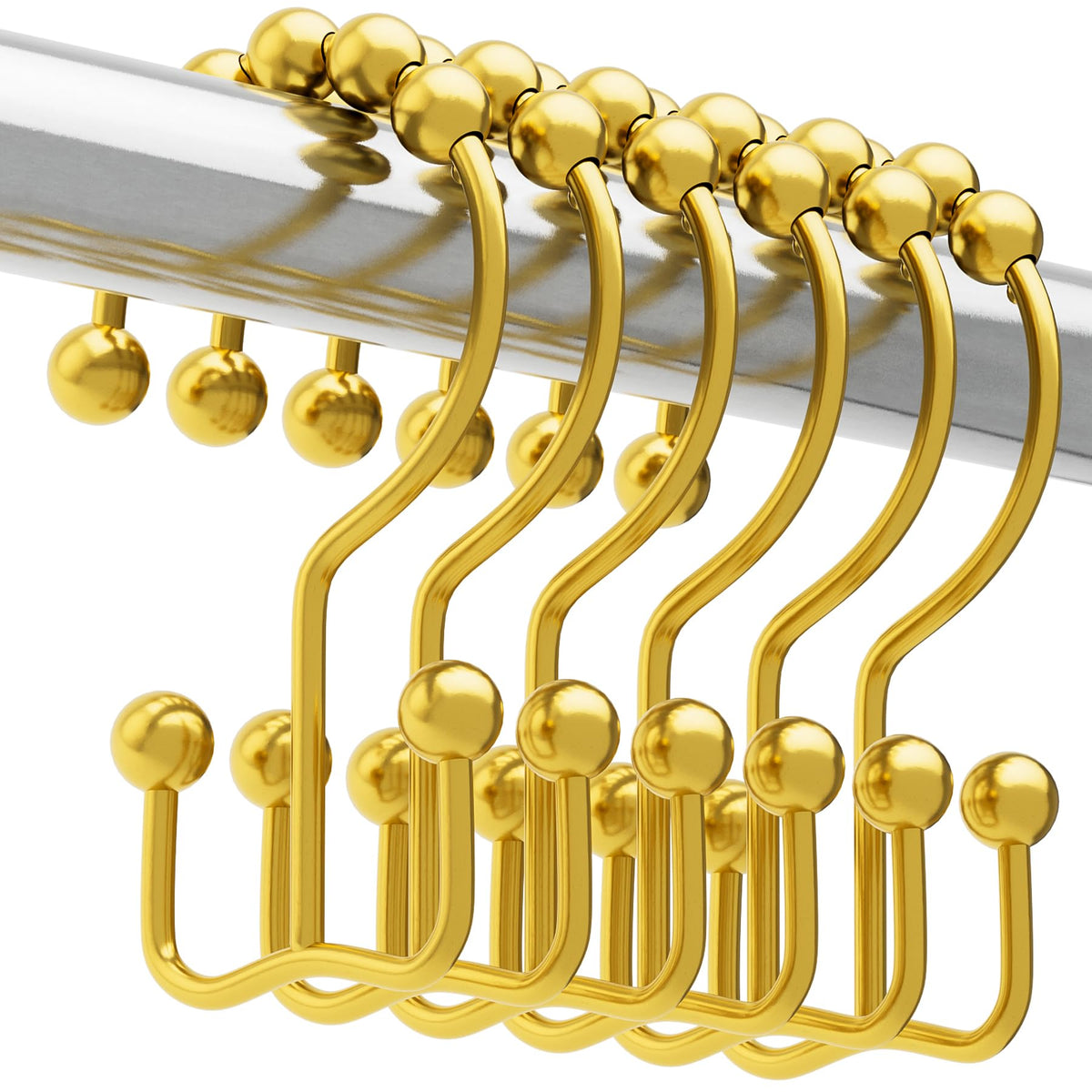 Titanker Double Shower Curtain Hooks, Rust Proof Shower Curtain Rings, Metal Shower Hooks for Bathroom Shower Rods Curtains, Set of 12 Hooks - Chrome