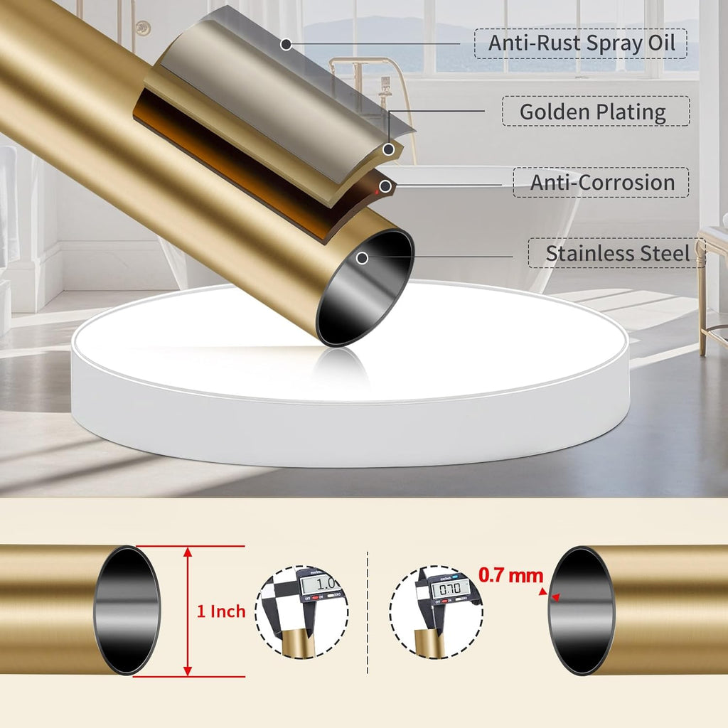 YNL Shower Curtain Rod 34-82 Inches (2.8-6.8ft) Adjustable Spring Shower Rod No Drilling, Non-Slip, Never Rust, Stainless Steel, Suitable for Bathroom Window Living room, Gold