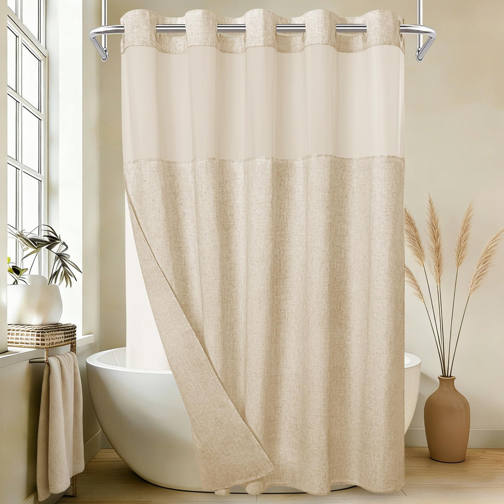 WONICY Hook-Free Shower Curtain with Snap-in Liner, Cream, 71 x 74