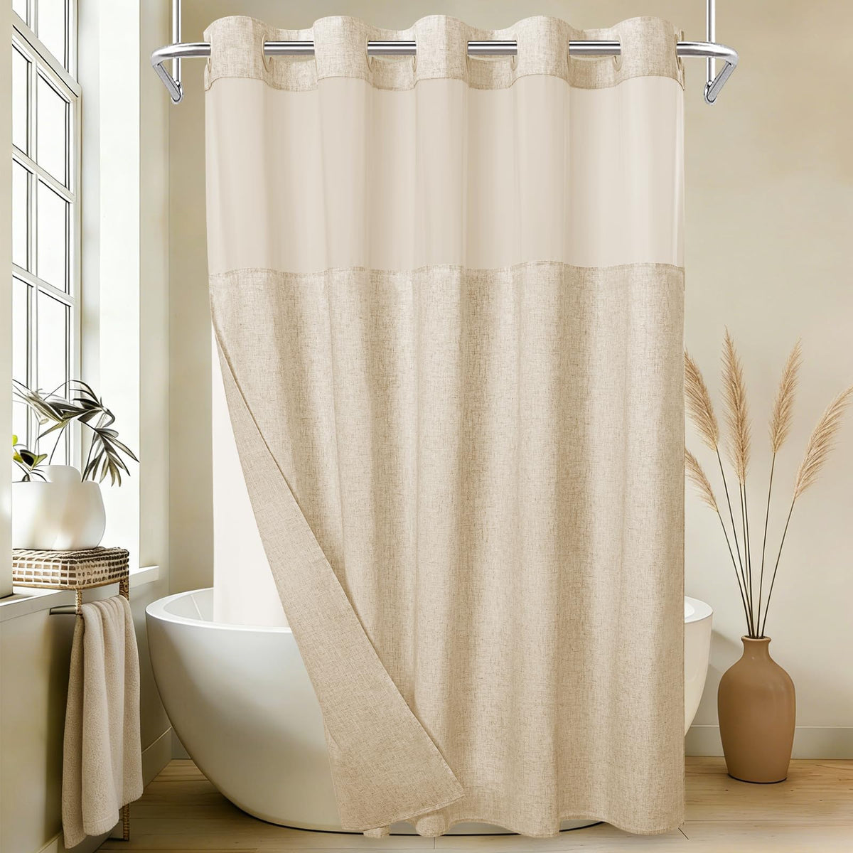 WONICY Hook-Free Shower Curtain with Snap-in Liner, Cream, 71 x 74