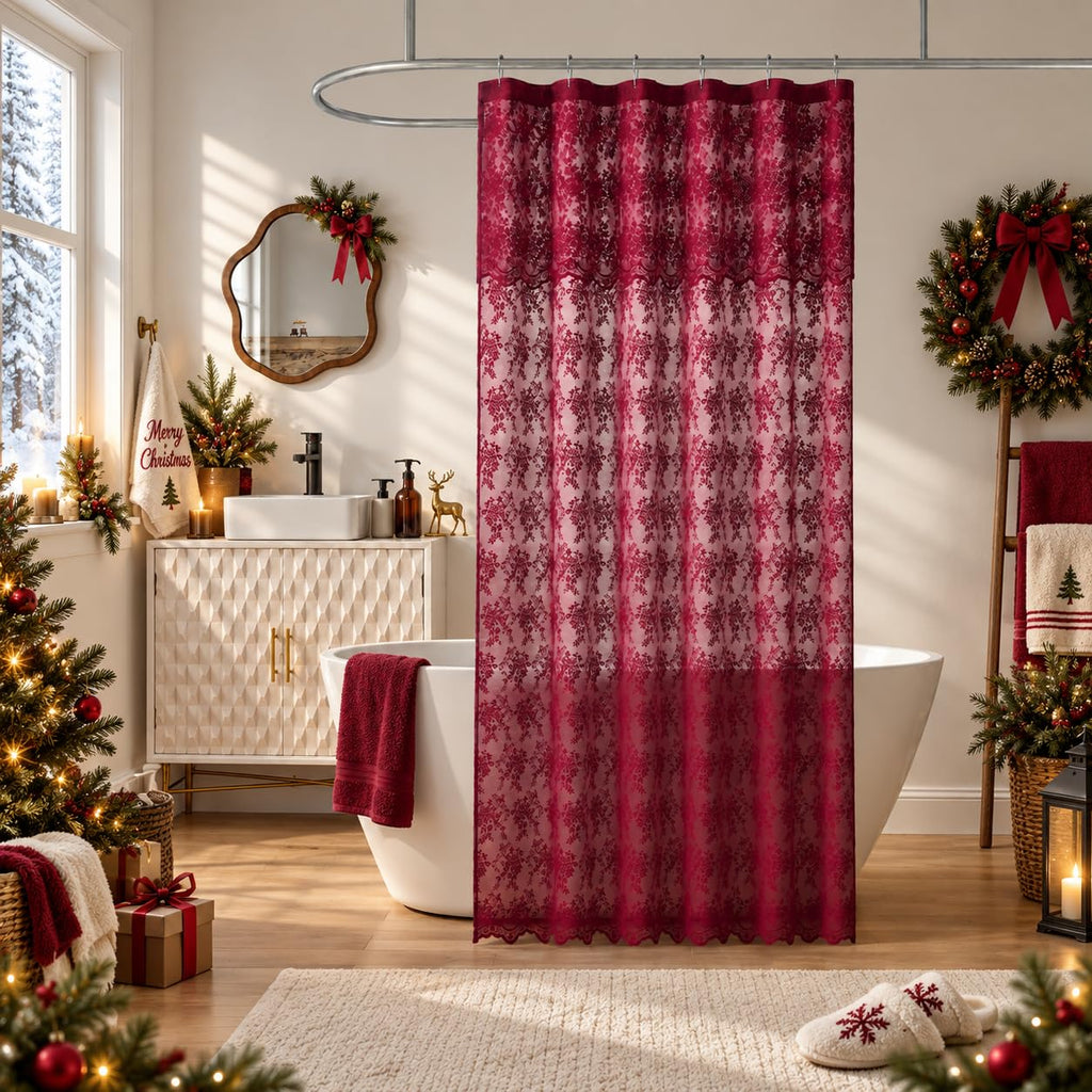 TUDECO Lace Brown Shower Curtain with Attached Valance, 72 x 72 Inch