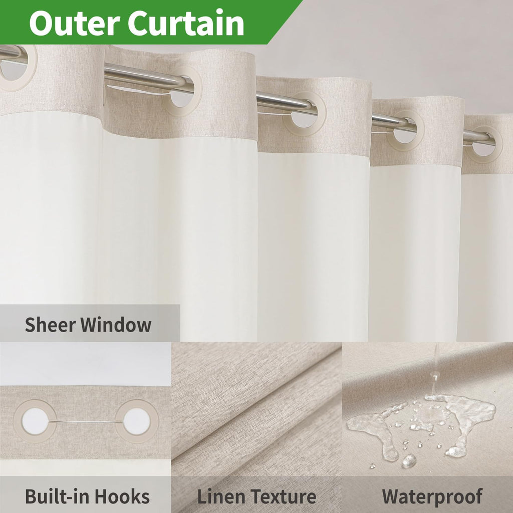 Eachope No Hooks Polyester Textured Shower Curtain with Snap-in Fabric Liner Set, Hotel Luxury Decor Shower Curtains for Bathroom with See Through Top Window, Waterproof & Washable, 71Wx74H, Cream
