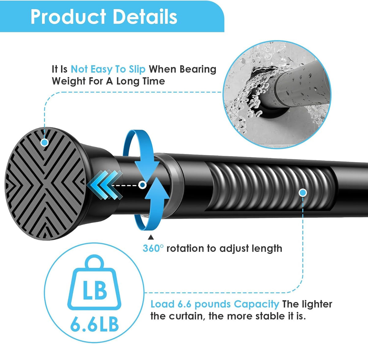 2Pcs Tension Curtain Rod 31 To 76 Inch Black Shower Curtain Rod