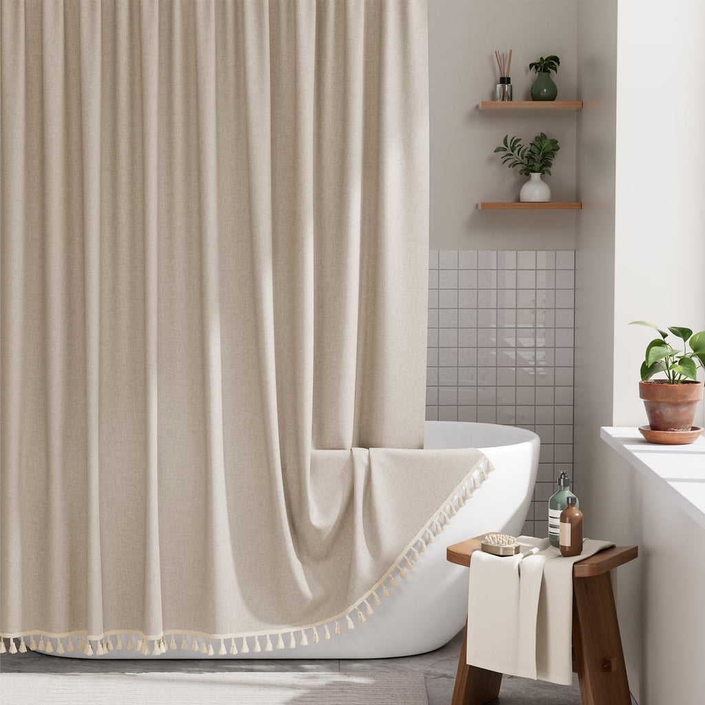 AmazerBath Boho Shower Curtain, Modern Farmhouse Shower Curtain Set with Tassels, Rustic Faux Linen Green Striped Shower Curtain with Hooks, Light Tan Toned, 72x72 Inches