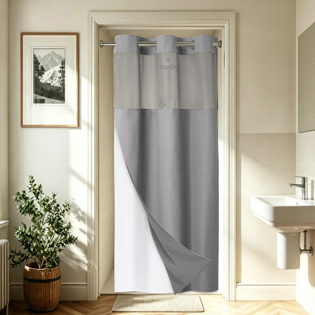256GSM Heavyweight Ringless Waffle Shower Curtain with Liner, 71x74, White