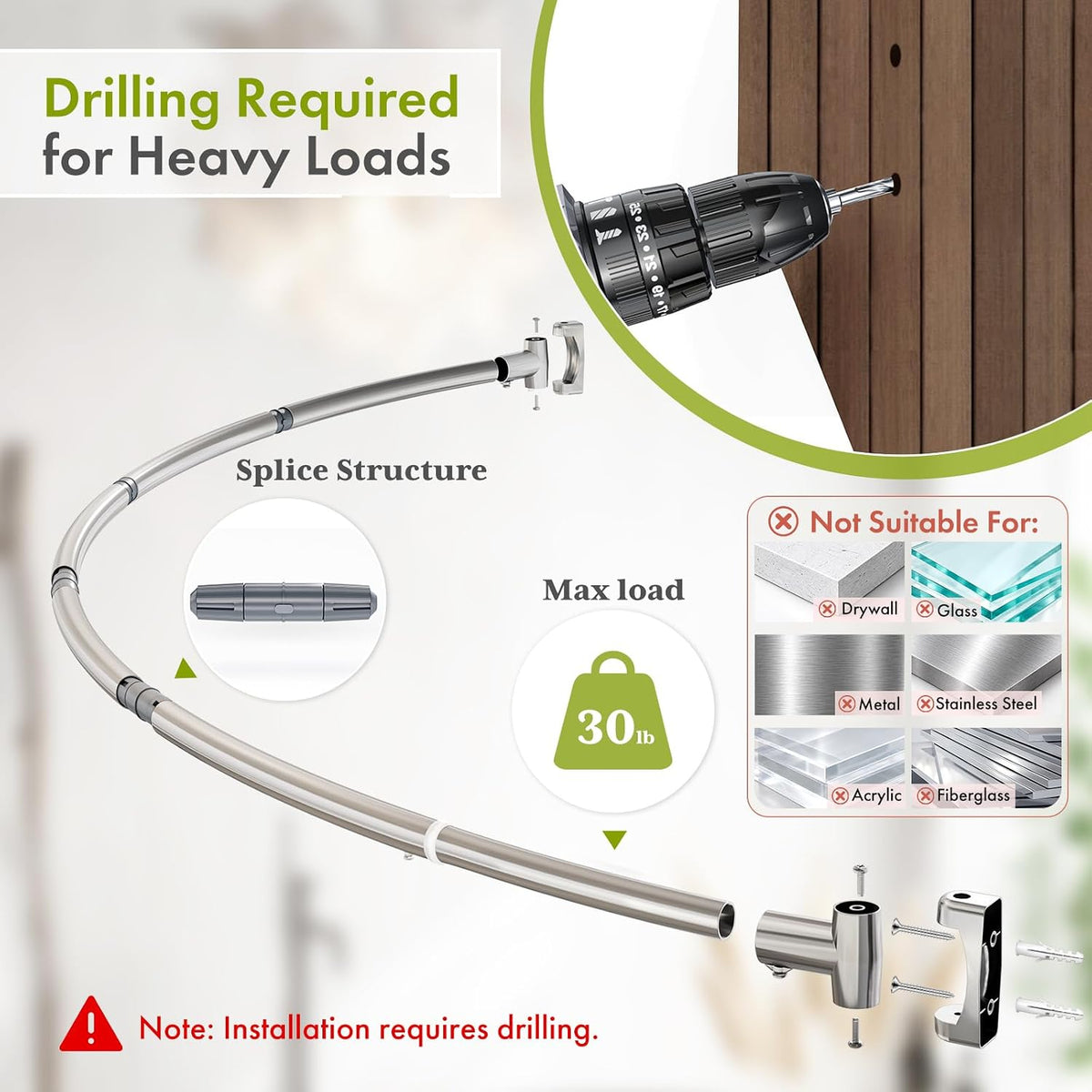 AmazerBath 20-84 Inches Arched Curved Shower Curtain Rod, Heavy Duty Shower Rod Rust Proof Bathroom Curtain Rod, Adjustable Telescoping Design Easy Segmented Installation, Need to Drill, Nickel