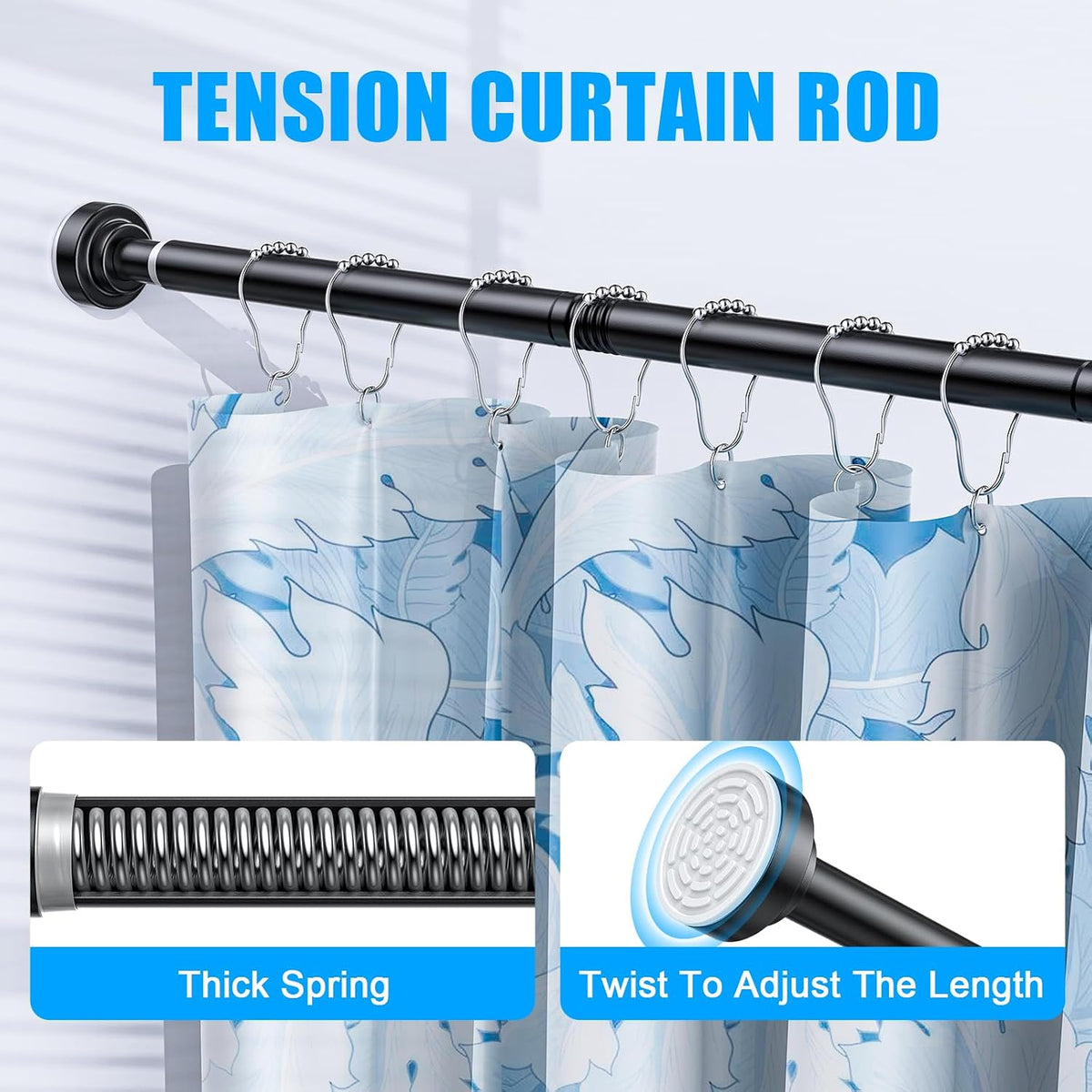 TEECK Shower Curtain Rod, 32-80 inch Adjustable Spring Tension Curtain Rod, Never Rust Anti-Slip Shower Curtain Rod for Bathroom, No Drilling, Never Collapse, Easy to Use, Black