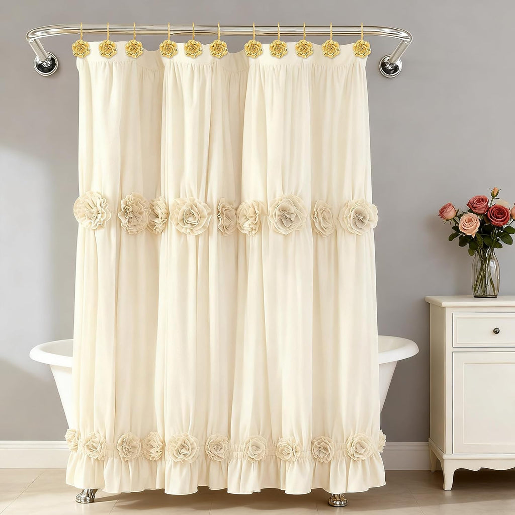 Metal Rose Shower Curtain Hooks, Rust-Resistant Hooks for Shower Curtain Rods, Set of 12, Beautiful Floral Rose Design Bathroom Decoration Hooks (Gold)
