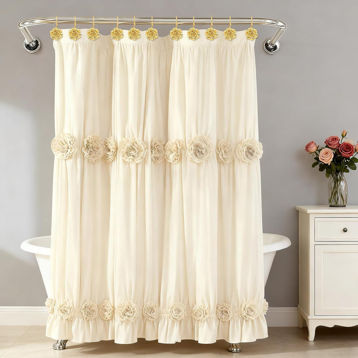 Metal Rose Shower Curtain Hooks, Rust-Resistant Hooks for Shower Curtain Rods, Set of 12, Beautiful Floral Rose Design Bathroom Decoration Hooks (Gold)