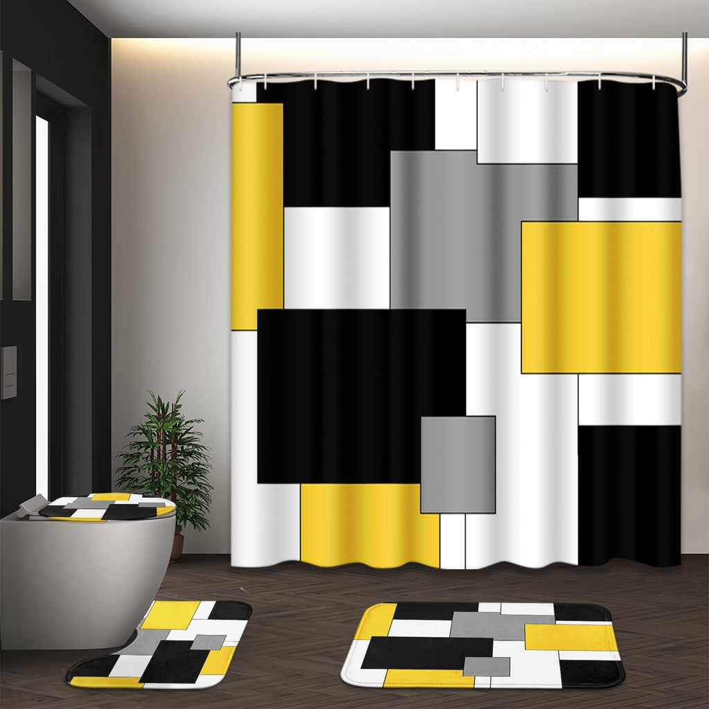 Bathroom Sets with Shower Curtain and Rugs, Set of 4, Checkered