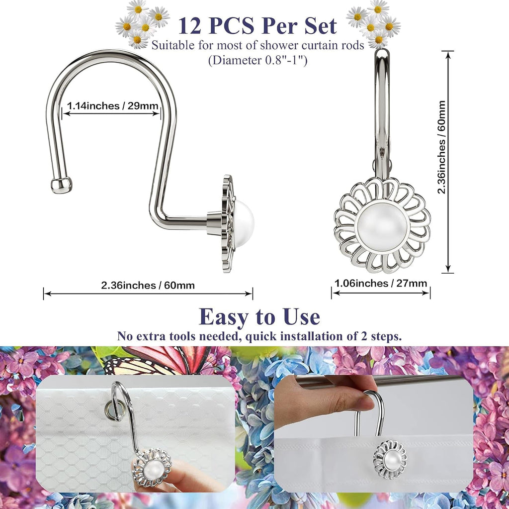Nickel Shower Curtain Hooks Rings, Decorative Shower Curtain Hangers, Heavy Duty Metal Shower Rings, Sunflower Shower Hooks for Shower Curtain Rod and Liner, Bathroom Curtain Hooks, Set of 12