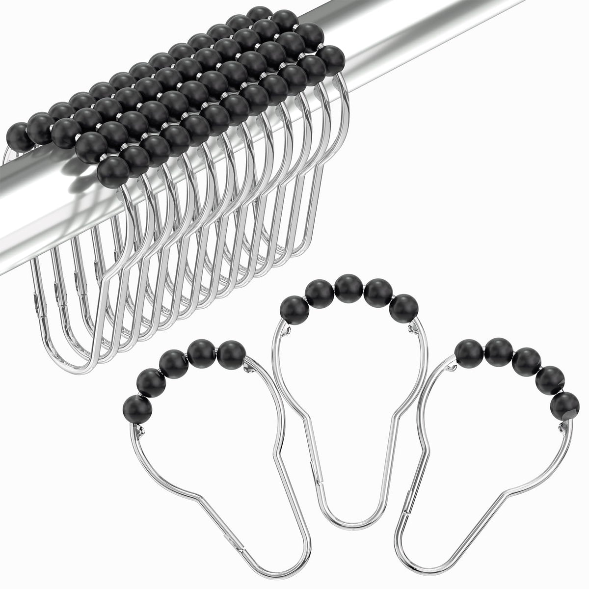 Amazer Shower Curtain Hooks, Decorative Shower Curtain Hooks Rust Proof Stainless Steel Shower Curtain Hooks, Shower Hooks for Shower Curtain Bathroom 12PCS, Polished Chrome