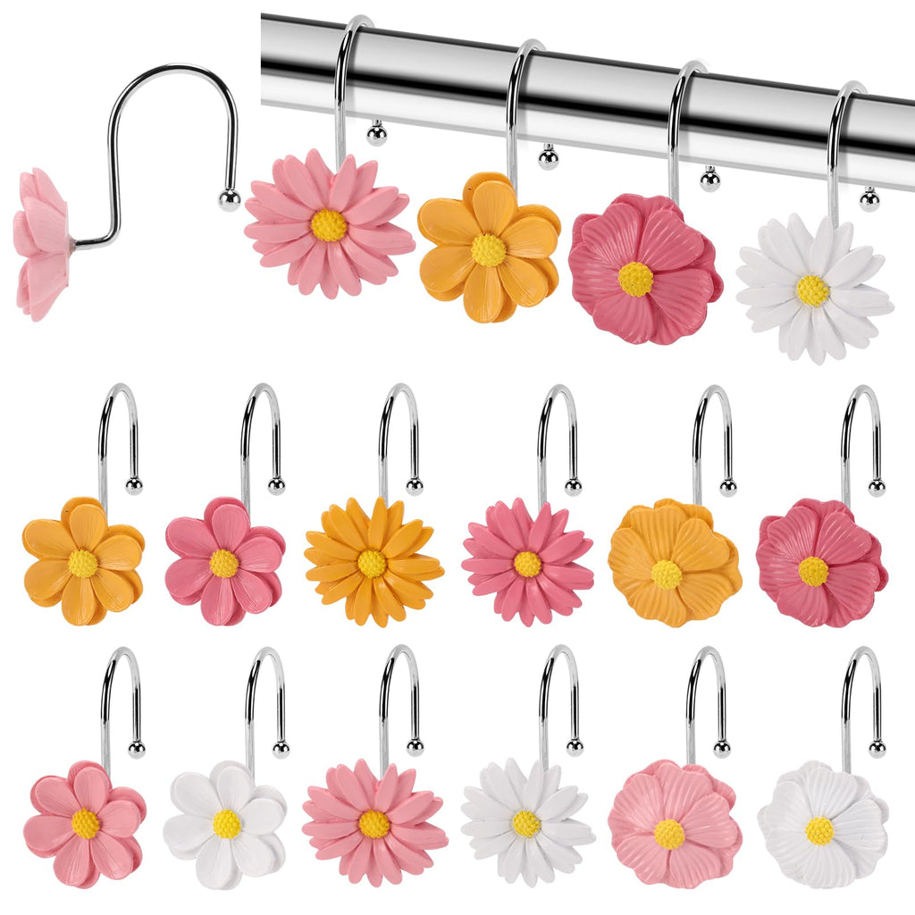 Flower Shower Curtain Hooks, 12 Pack Rustproof Stainless Steel Decorative, Bohemian Floral Bathroom Accessories for Curtain Rod and Shower Rod（White）