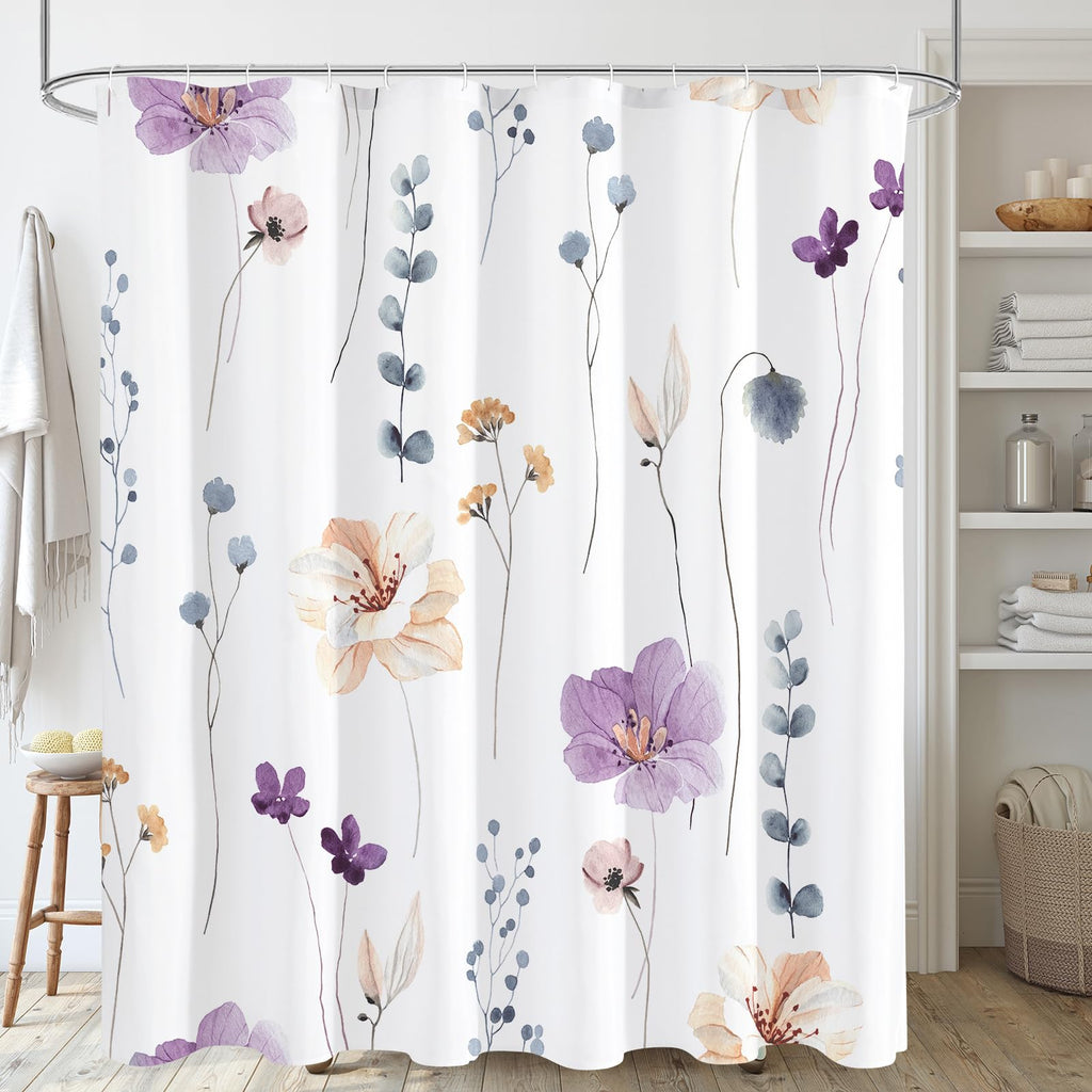 Gibelle Blue Yellow Watercolor Floral Fabric Shower Curtain, 72x72
