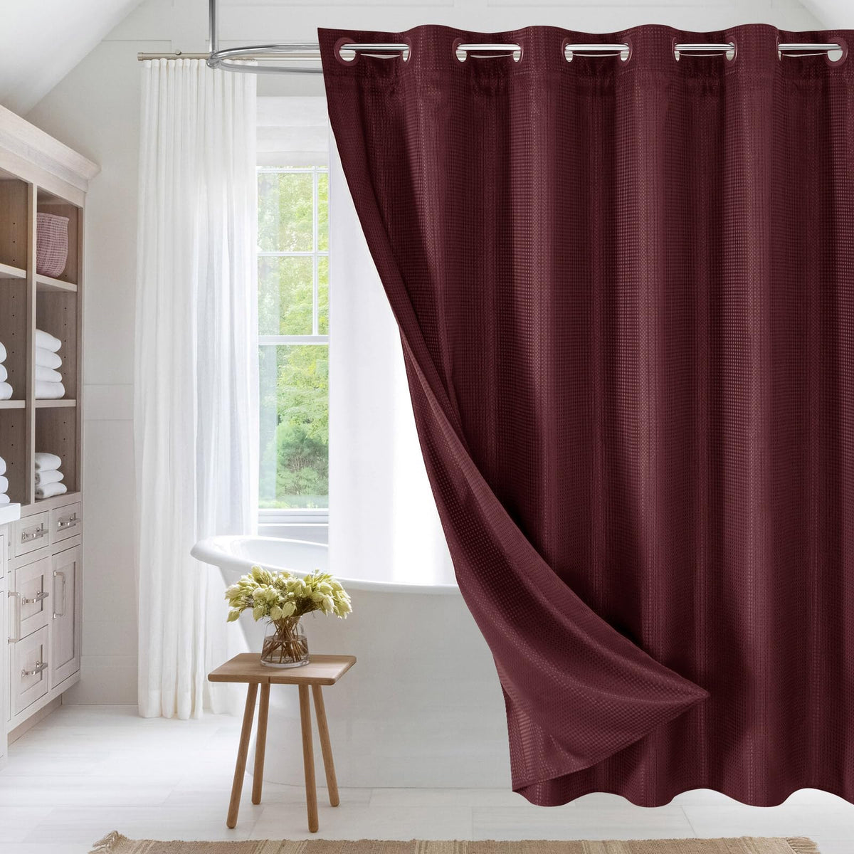 No Hook Weave Fabric Shower Curtain with Snap-in Liner White,72x74