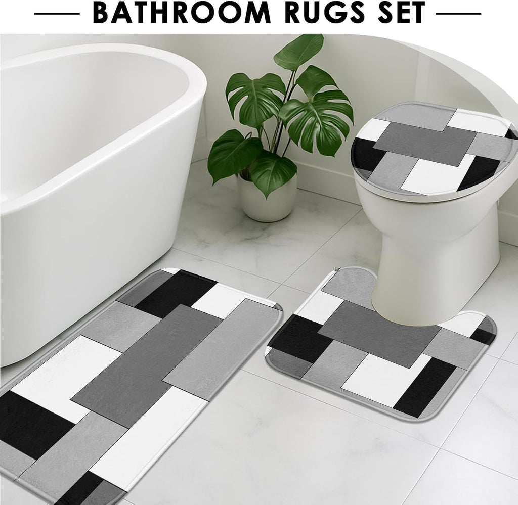 Bathroom Sets with Shower Curtain and Rugs, Set of 4, Checkered