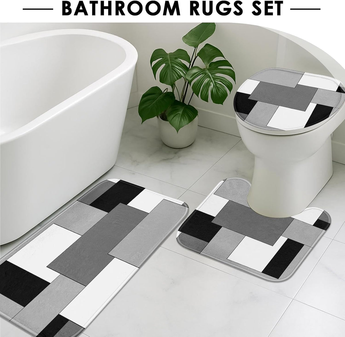 Bathroom Sets with Shower Curtain and Rugs, Set of 4, Checkered