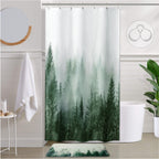 ORTIGIA Dark Green Misty Forest Shower Curtain for Bathroom, Nature Woodland Shower Curtain Set with Hooks, Decorative Pine Tree Fog Magic Bath Curtain for Home, Waterproof Fabric, Weighted, 72x72
