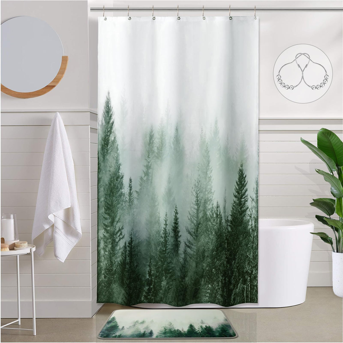 ORTIGIA Dark Green Misty Forest Shower Curtain for Bathroom, Nature Woodland Shower Curtain Set with Hooks, Decorative Pine Tree Fog Magic Bath Curtain for Home, Waterproof Fabric, Weighted, 72x72