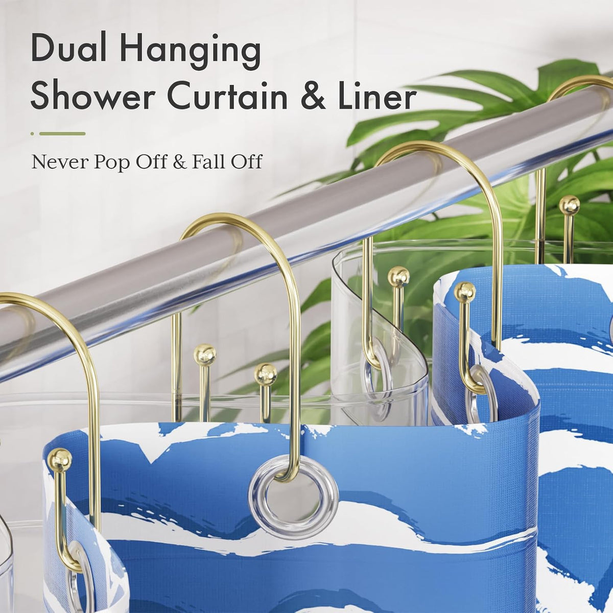 AmazerBath Shower Curtain Hooks, Gold Shower Curtain Hooks Rust Proof, Non-Slip Simple Double Hook Shower Curtain Hooks for Shower Curtain, Sturdy Shower Curtain Rings, 12Pcs