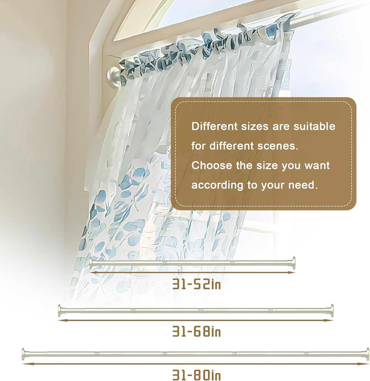 GXOACKJ Brushed Nickel Shower Curtain Rods - 31-80 Inch Spring Tension Shower Rods for Bathroom, Adjustable, No Drilling, No Rust, Stainless Steel