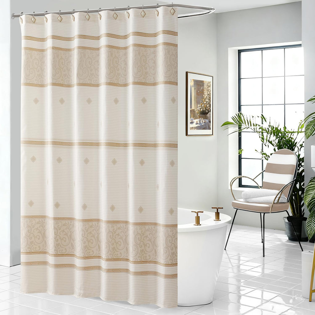 Fabric Shower Curtain, Narrow Width Beige Brown Stripe Waterproof Curtain for Tub or Stall，54" W x 72" H