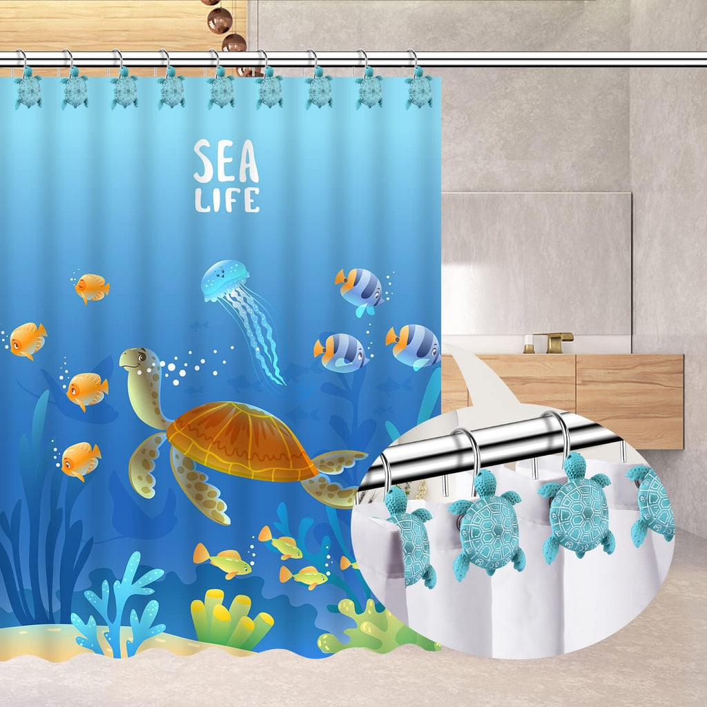 Sea Turtle Shower Curtain Hooks Rings,12PCS Blue Ocean Bathroom Decor