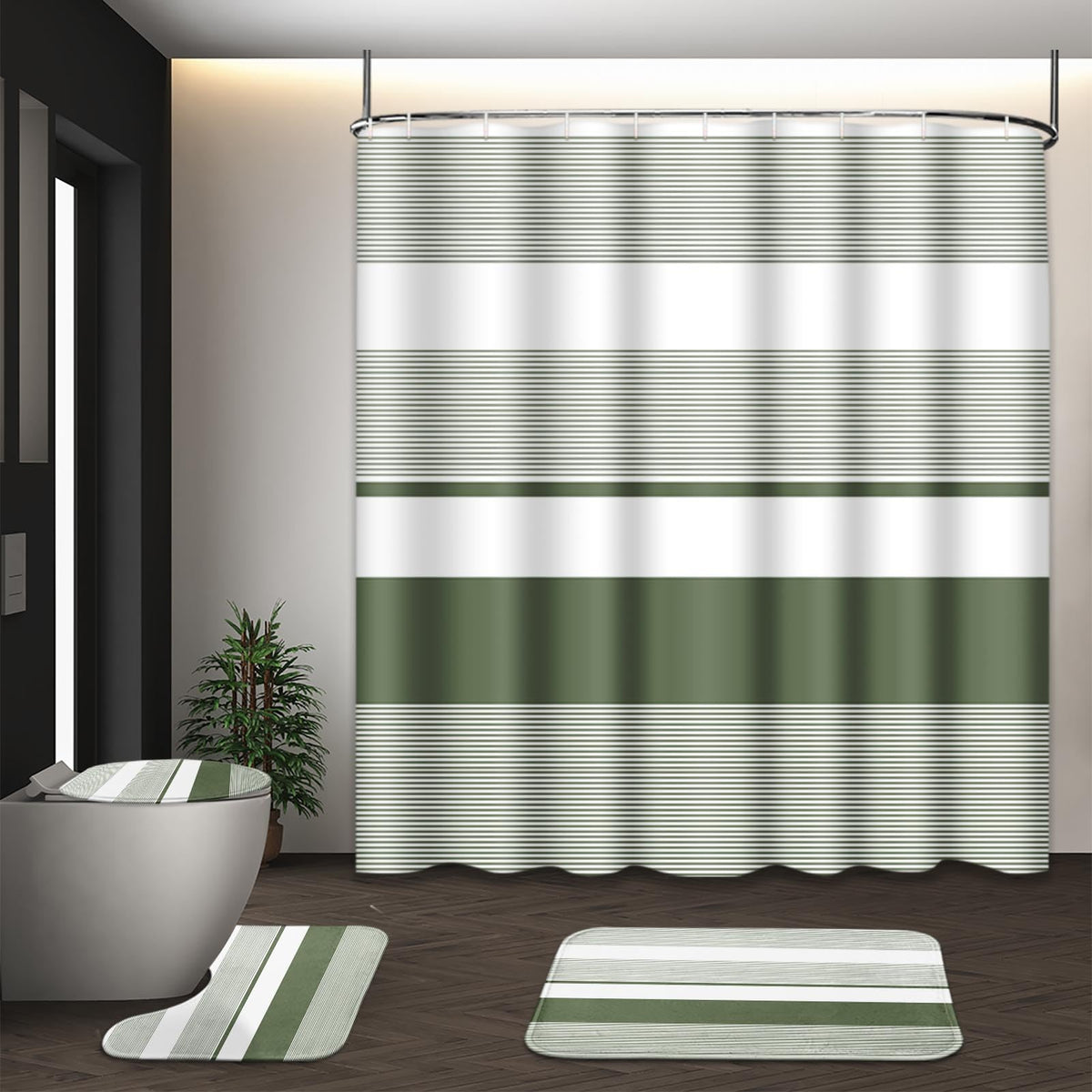 Bathroom Sets with Shower Curtain and Rugs, Set of 4, Checkered