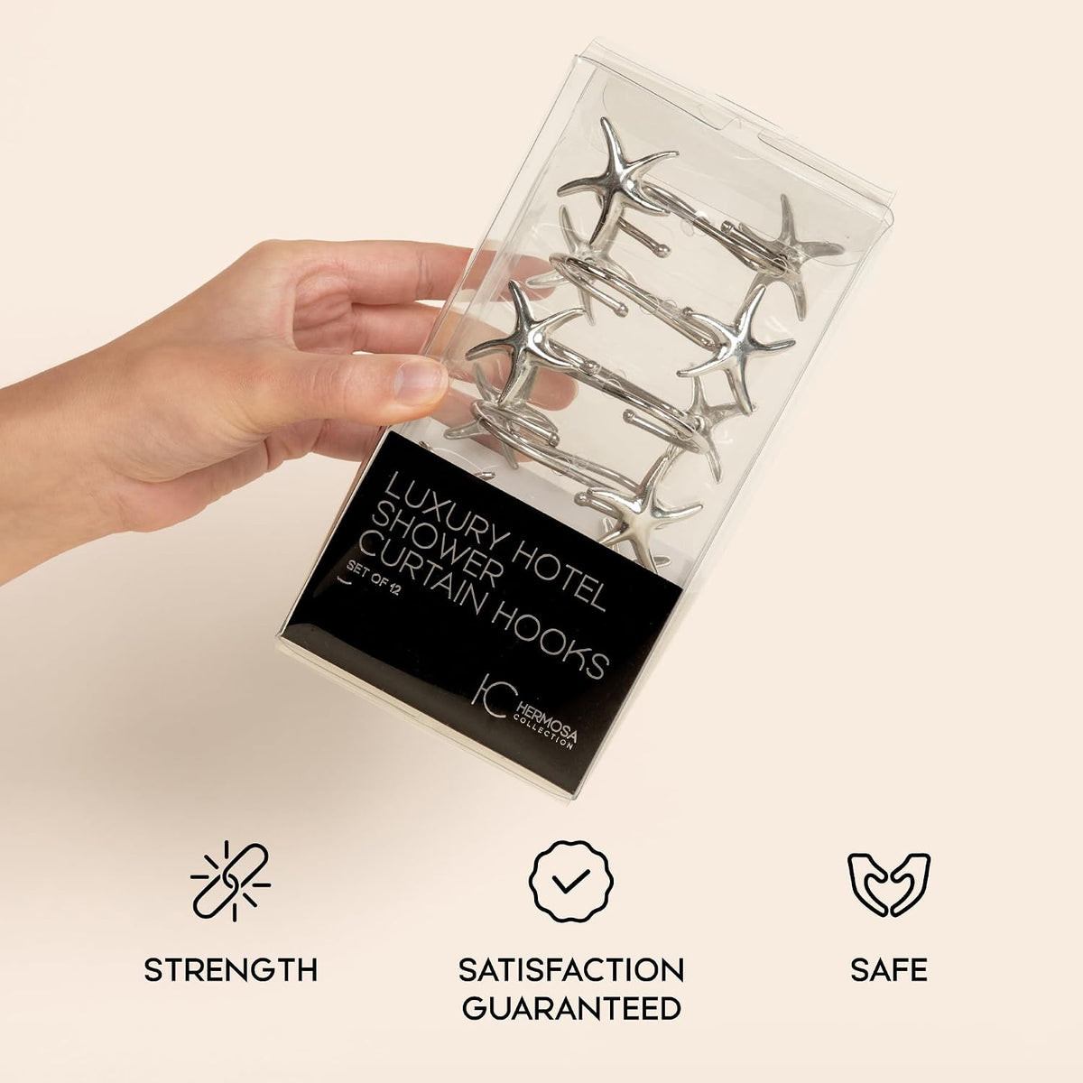 Starfish Shower Curtain Hooks – 12-Pack Decorative Chrome Bathroom Hooks for Bathroom Shower Curtains, Premium Chrome Craftsmanship, Easy Install, Coastal Beach Nautical Decor
