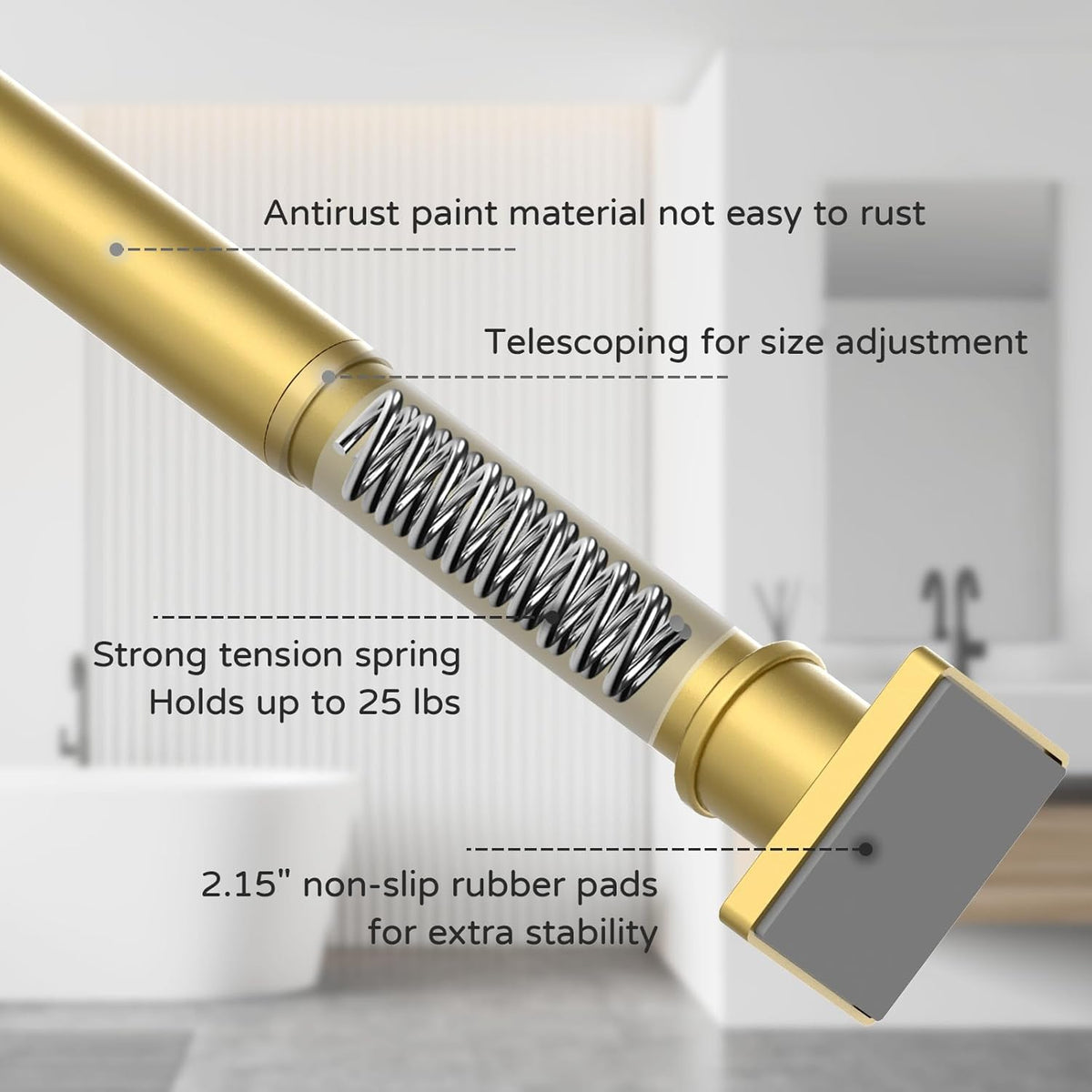 UIOSANRT Gold Shower Curtain Rod 31-79 Inches Non-Slip Shower Rod Tension Mounted No Drill Shower Curtain Rods Spring Tension Rod Adjustable Tension Curtain Rod for Windows Bathroom