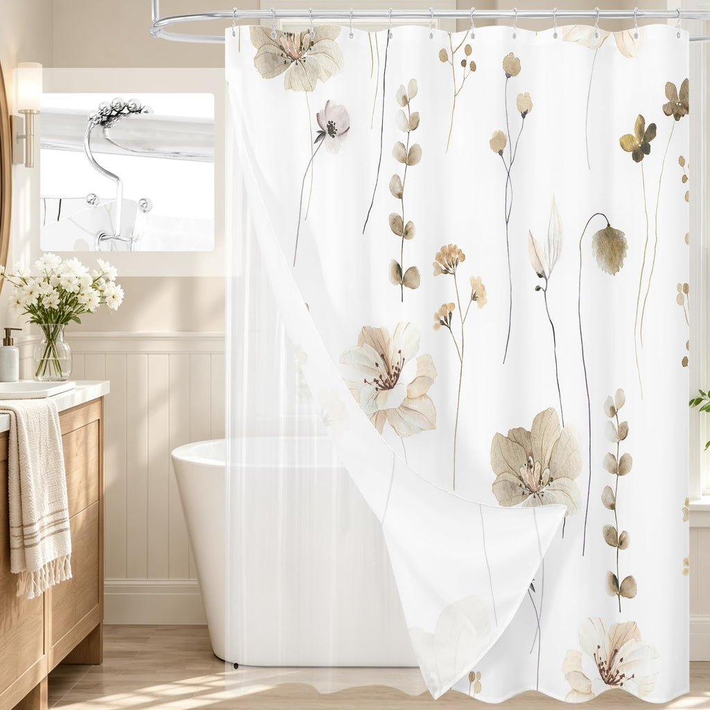 Gibelle 3 in 1 Sage Green Watercolor Floral Shower Curtain Liner Set, 72x72