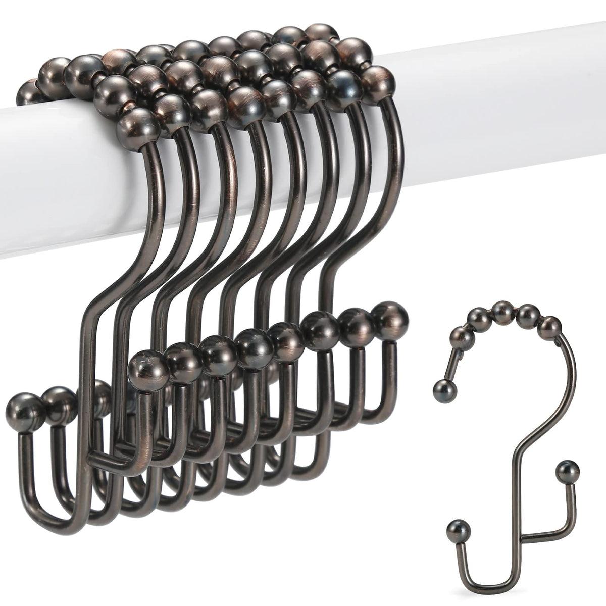 Shower Curtain Rings, SUTINE Double Shower Curtain Hooks, Rust-Resistant Stainless Steel Shower Curtain Rings, Easy Sliding Metal Shower Hooks for Shower Curtains & Liners, 12pcs-Matte Nickel