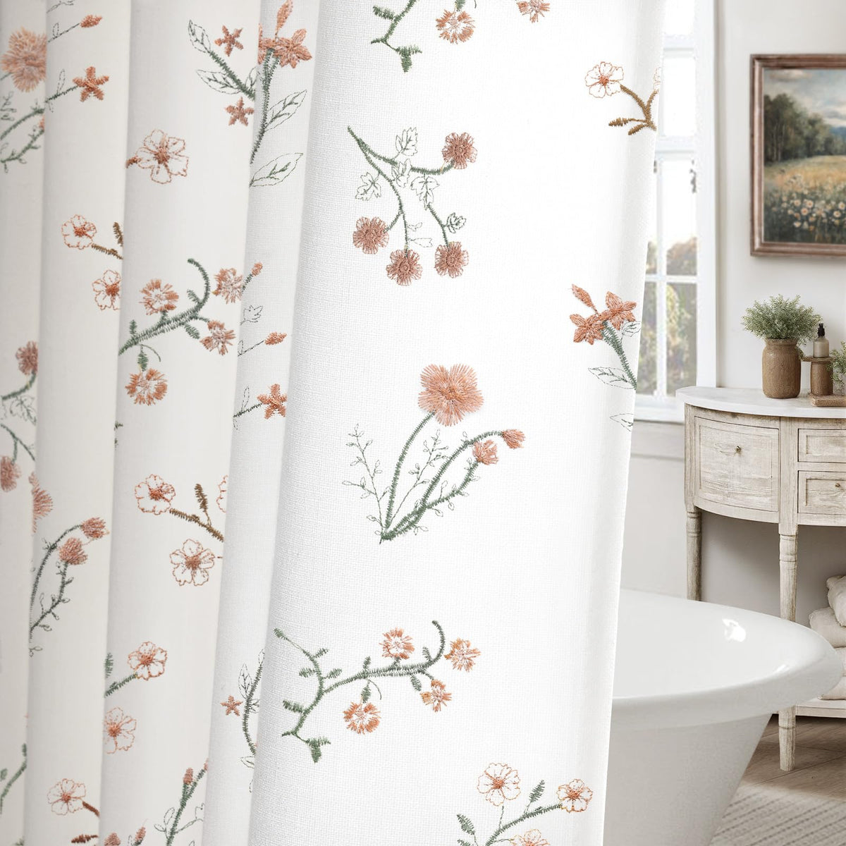 Floral Farmhouse Vintage Linen Shower Curtain French Country Decor 72Wx72H