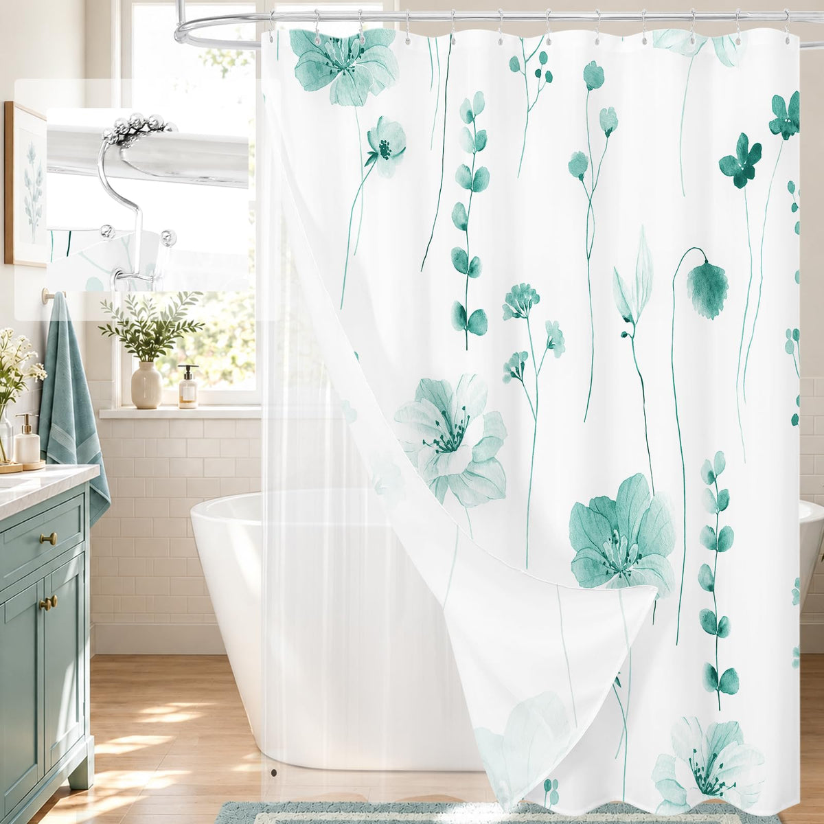 Gibelle 3 in 1 Sage Green Watercolor Floral Shower Curtain Liner Set, 72x72