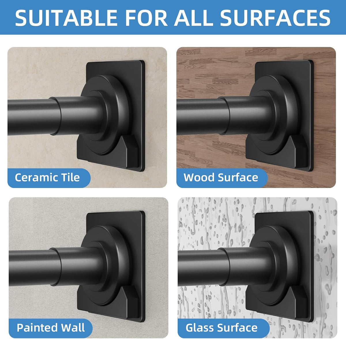CorkLatta Matte Black Shower Curtain Rod,1 Inch Diameter Stainless Steel Adjustable Spring Tension Rods 32 to 80",with Holders,Anti-Slip,Curtain Rods No Drilling(1 Pack)