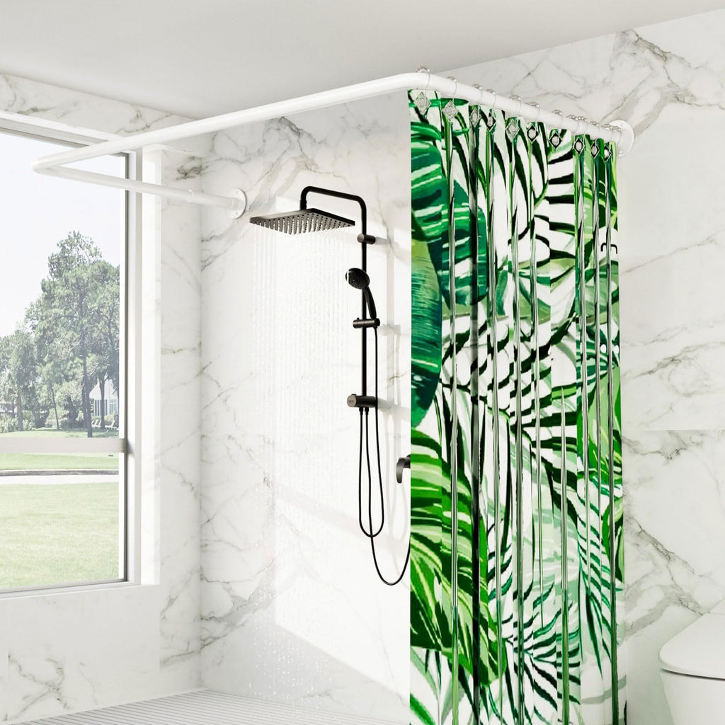U Shaped Shower Curtain Rod, [Both Sides: 23"-52", Middle: 31"-46.5"] Adjustable U Shape Shower Rod Black Outdoor Corner Curtain Pole for Bathroom Bathtub with Ceiling Support & 12 Hooks