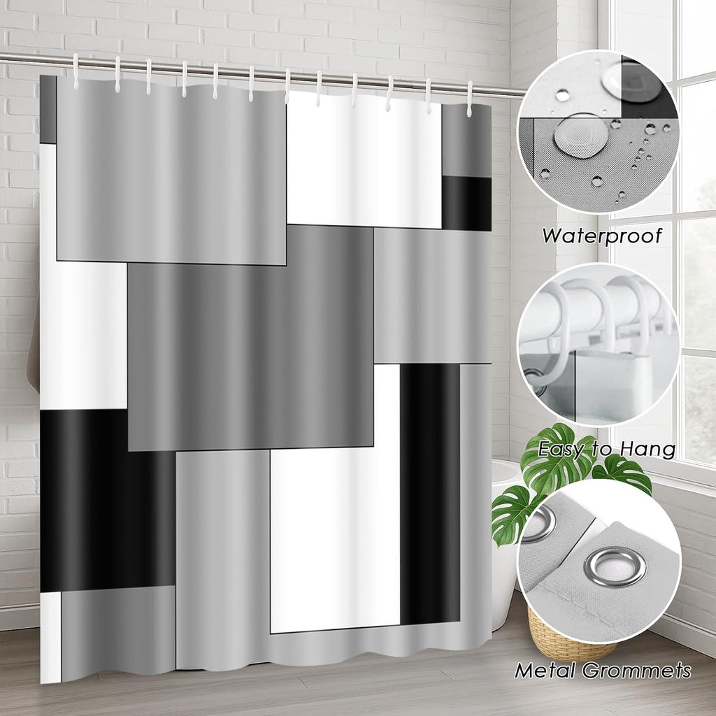 Bathroom Sets with Shower Curtain and Rugs, Set of 4, Checkered