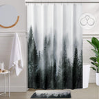 ORTIGIA Dark Green Misty Forest Shower Curtain for Bathroom, Nature Woodland Shower Curtain Set with Hooks, Decorative Pine Tree Fog Magic Bath Curtain for Home, Waterproof Fabric, Weighted, 72x72
