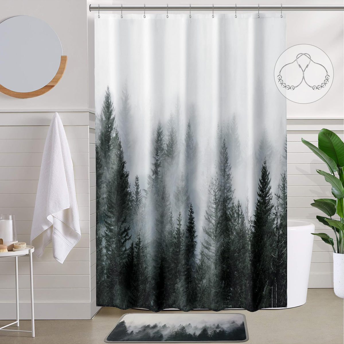 ORTIGIA Dark Green Misty Forest Shower Curtain for Bathroom, Nature Woodland Shower Curtain Set with Hooks, Decorative Pine Tree Fog Magic Bath Curtain for Home, Waterproof Fabric, Weighted, 72x72
