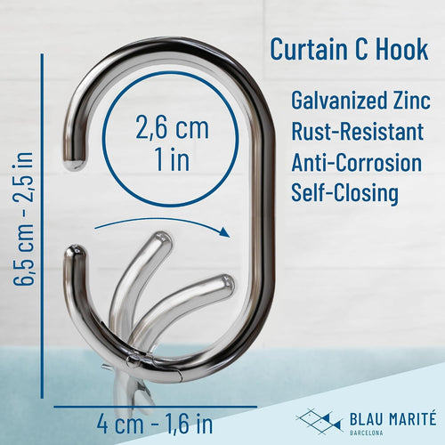 12 Metal Shower Curtain Hooks, Rust-Proof Decorative C-Shaped Curtain Hooks for Bathroom, Chrome Shower Curtain Rings, Fits Rods Up to 1 Inch (C, Silver)
