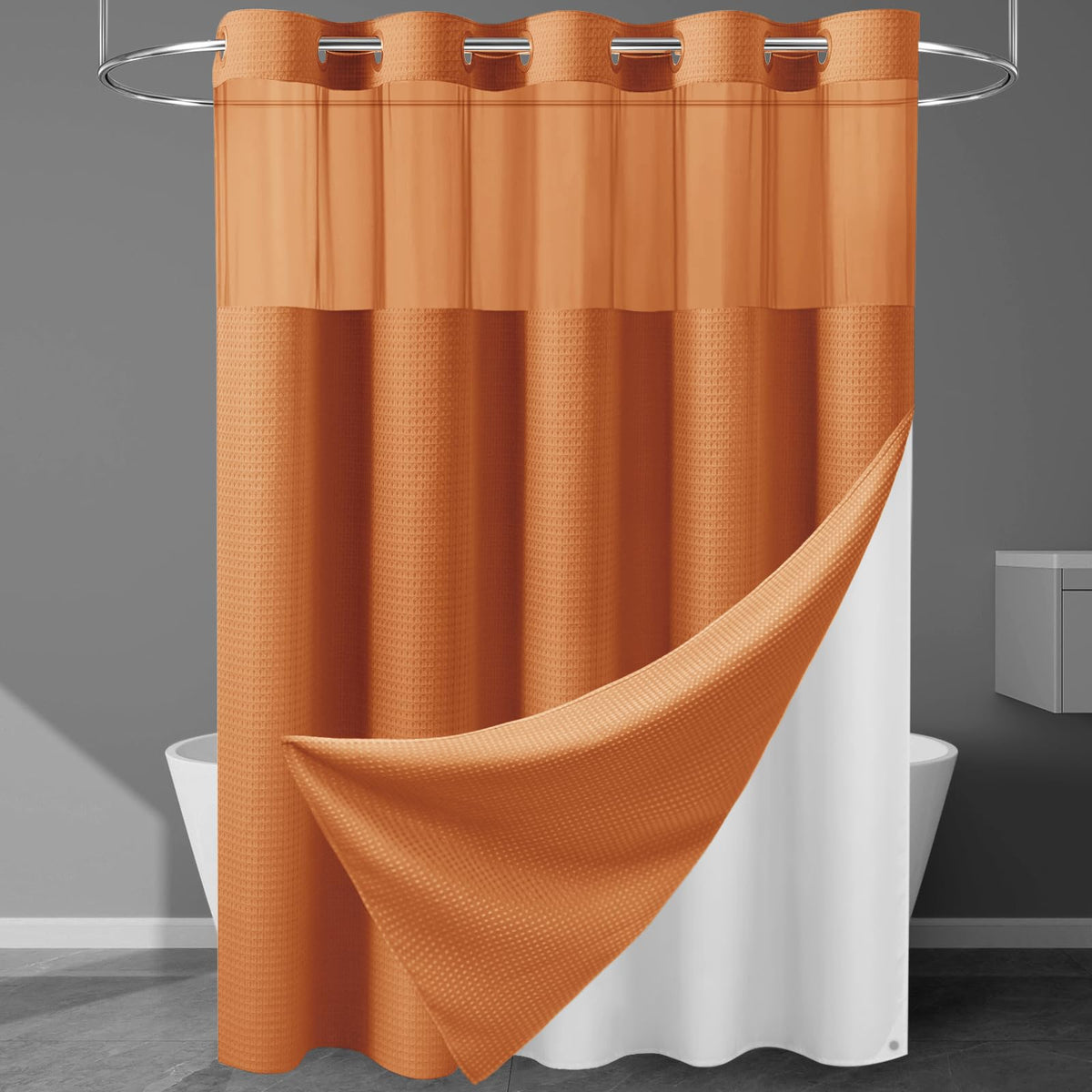 256GSM Heavyweight Ringless Waffle Shower Curtain with Liner, 71x74, White