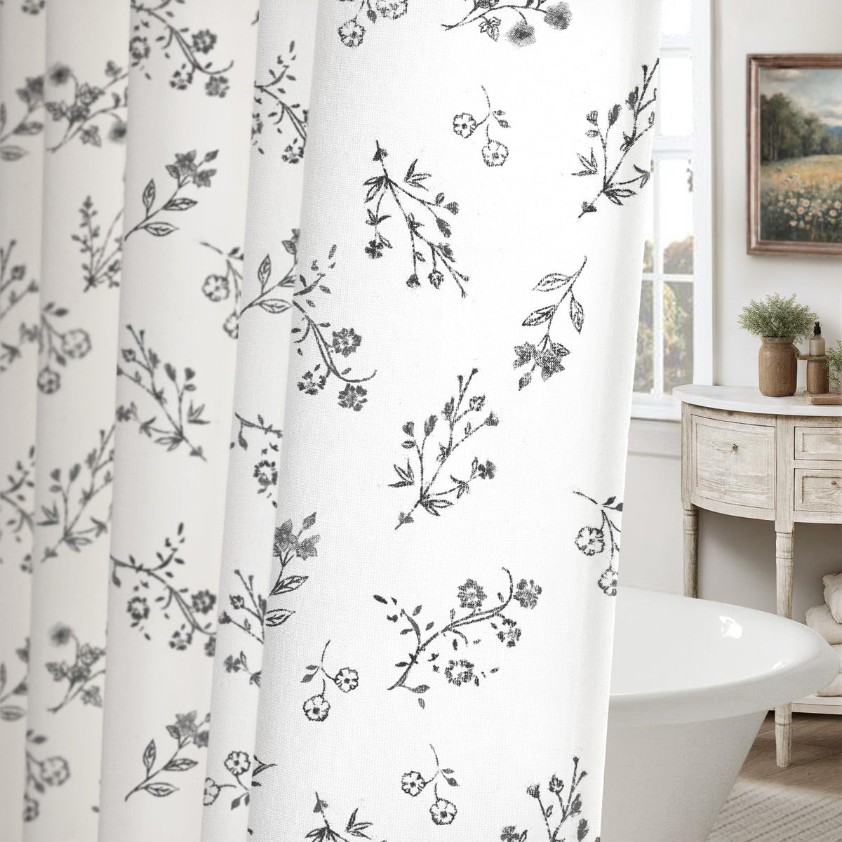 Floral Farmhouse Vintage Linen Shower Curtain French Country Decor 72Wx72H