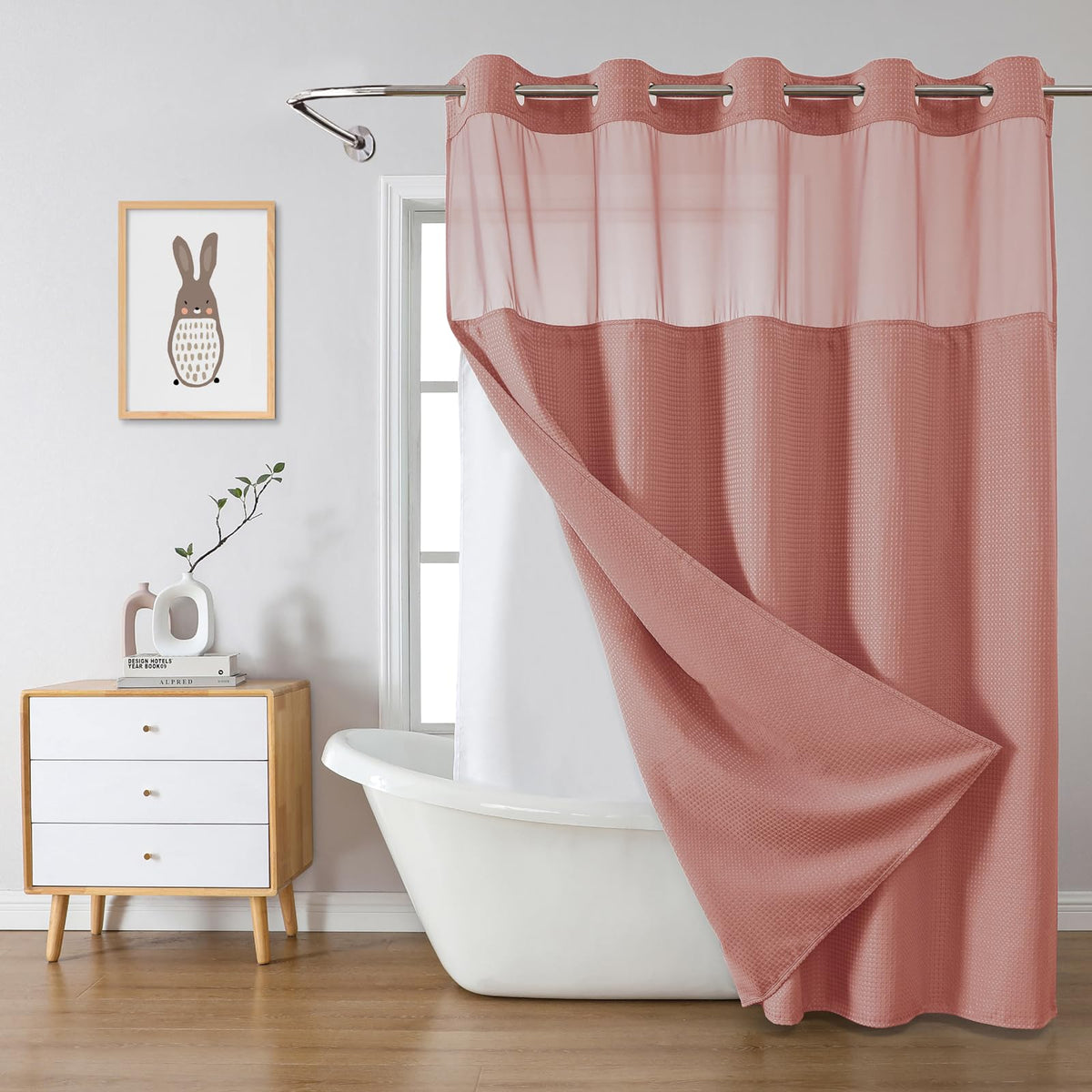 eachope No Hook Waffle Shower Curtain with Snap-in Liner, 71x74 Inch, White