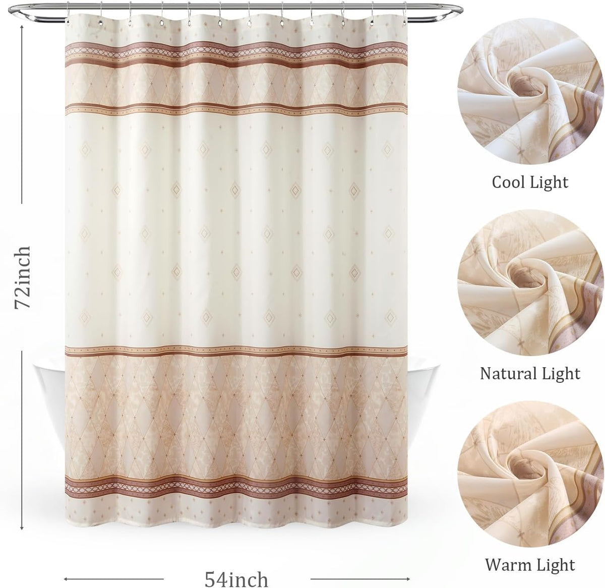 Fabric Shower Curtain, Narrow Width Beige Brown Stripe Waterproof Curtain for Tub or Stall，54" W x 72" H