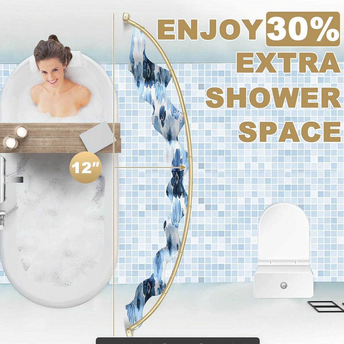 YNL Curved Shower Curtain Rod 35-82In(2.9-6.8Ft), Gold Round Rustproof Shower Rod for Bathroom Bathtub, Adjustable Arched Shower Curtain Rod, Never Rust|Extra Space|Non-Slip|Expandable|Need to Drill