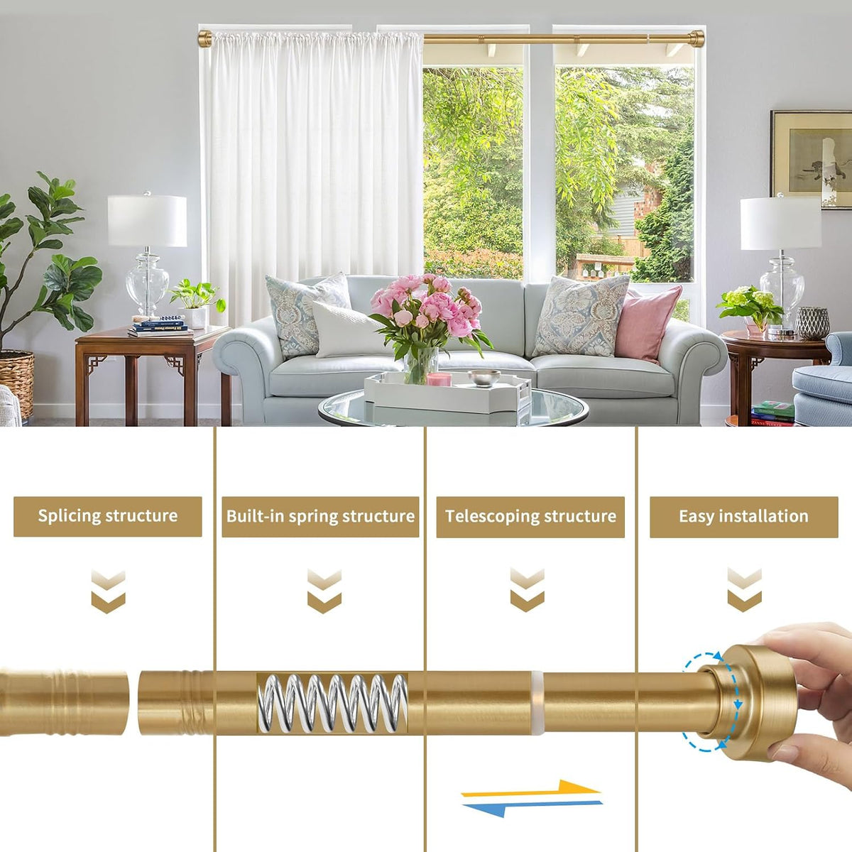 YNL Shower Curtain Rod 34-82 Inches (2.8-6.8ft) Adjustable Spring Shower Rod No Drilling, Non-Slip, Never Rust, Stainless Steel, Suitable for Bathroom Window Living room, Gold