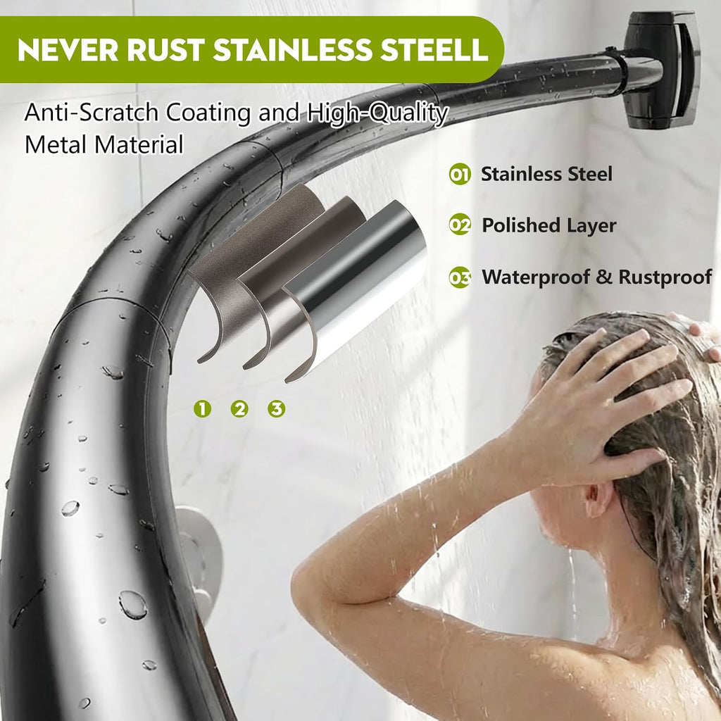Curved Shower Curtain Rod， Adjustable 33-78 Inches Matte Black All Stainless Steel Curved Shower Rod，Shower Curtain Rod for Extra Shower Space for Bathroom, Bathtub, Stall, No Rust, Need to Drill