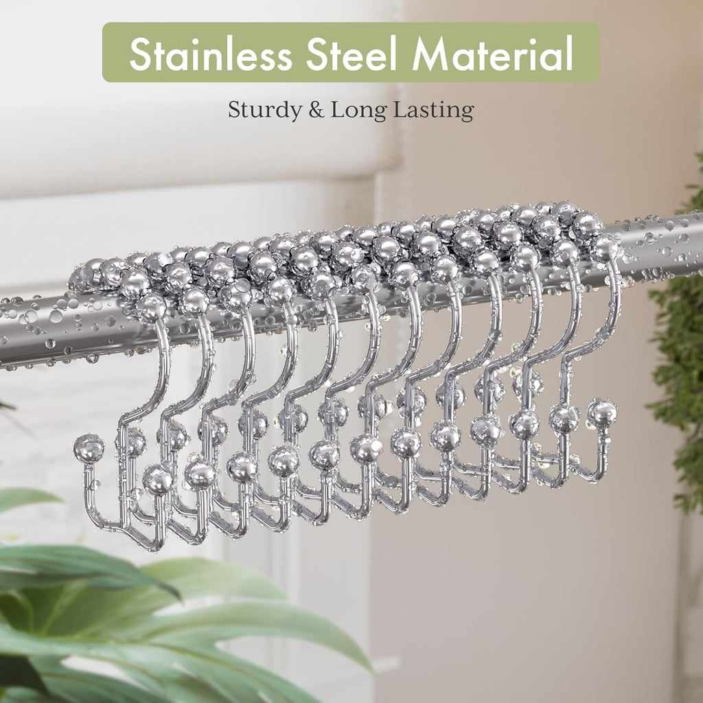 Amazer Shower Curtain Hooks Rings, Rust-Resistant Stainless Steel Double Shower Curtain Hooks, Shower Hooks for Shower Curtain and Liner Bathroom, Set of 12, Chrome